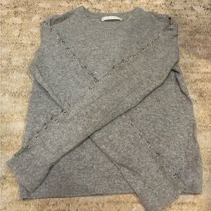 Alice and Olivia Gray Crewneck Sweater with metal ring Details